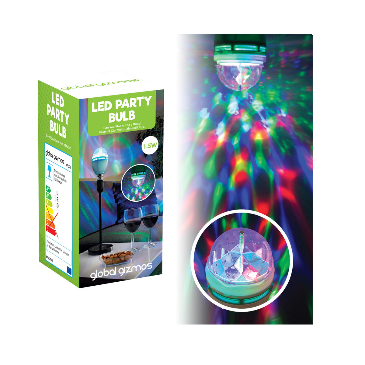 Global Gizmos Rotating LED Party Disco Light Bulb, B22 Bayonet, 1.5W 45570 2